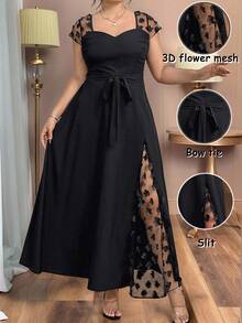 Auvina Vestido ajustado con decoración de malla jacquard de talla grande, ideal para fiesta veraniega o de vacaciones