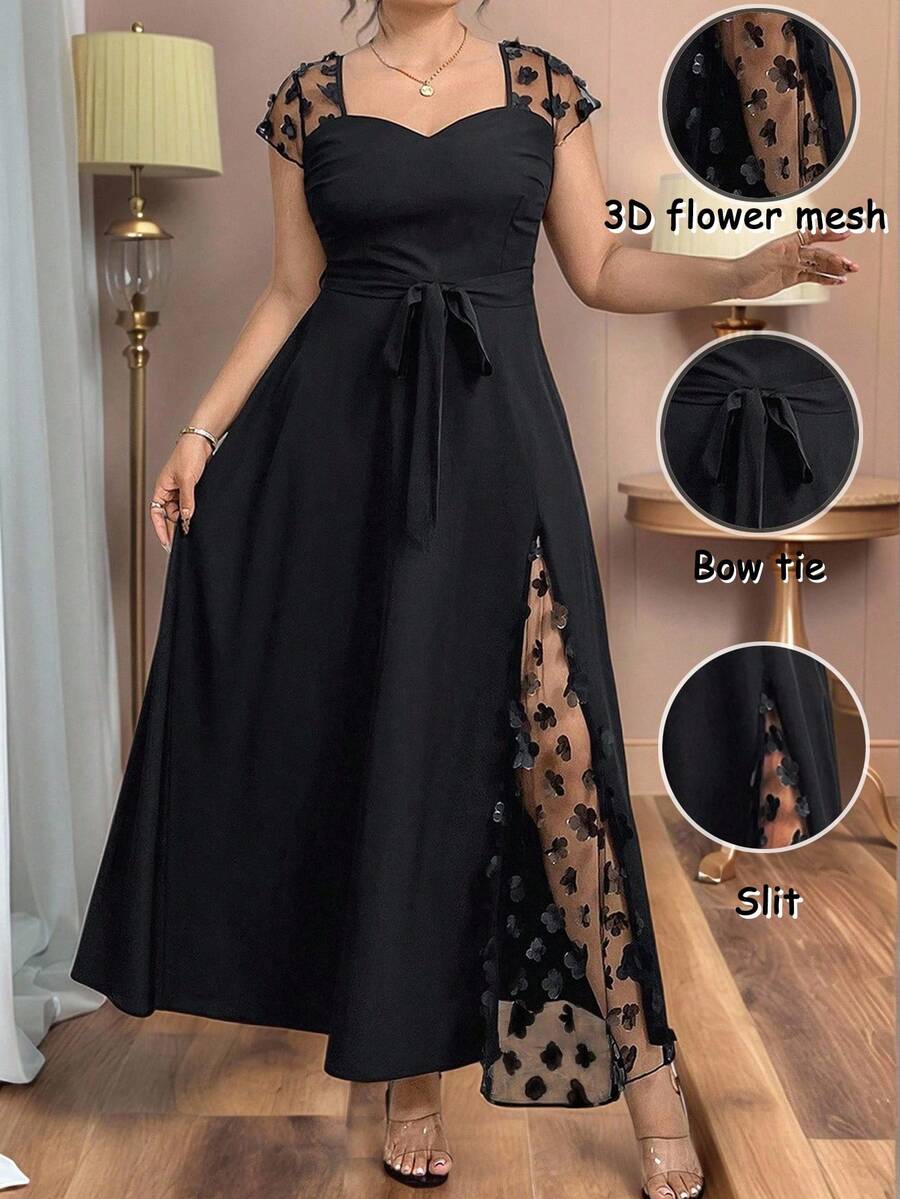 Auvina Vestido ajustado con decoración de malla jacquard de talla grande, ideal para fiesta veraniega o de vacaciones