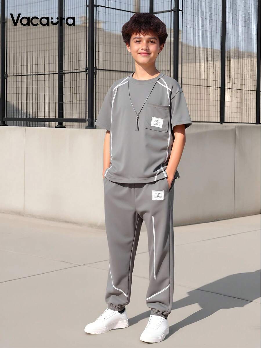 2pcs/Set Older Boys' Casual Simple White Striped Pocket Design Short Sleeve T-Shirt And Knit Drawstring Pants Sports Outfit, Spring/Summer