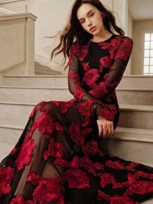 Savoree 白色优雅浪漫精致花卉刺绣露背鱼尾紧身连衣裙新年服装长款女装 - 查看 6