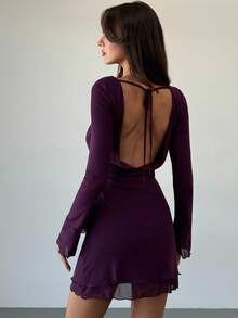 Aloruh Women's Sexy Backless Mesh Vintage Purple Mini Bodycon Fitted Dress, Autumn/Winter - Purple - View 2