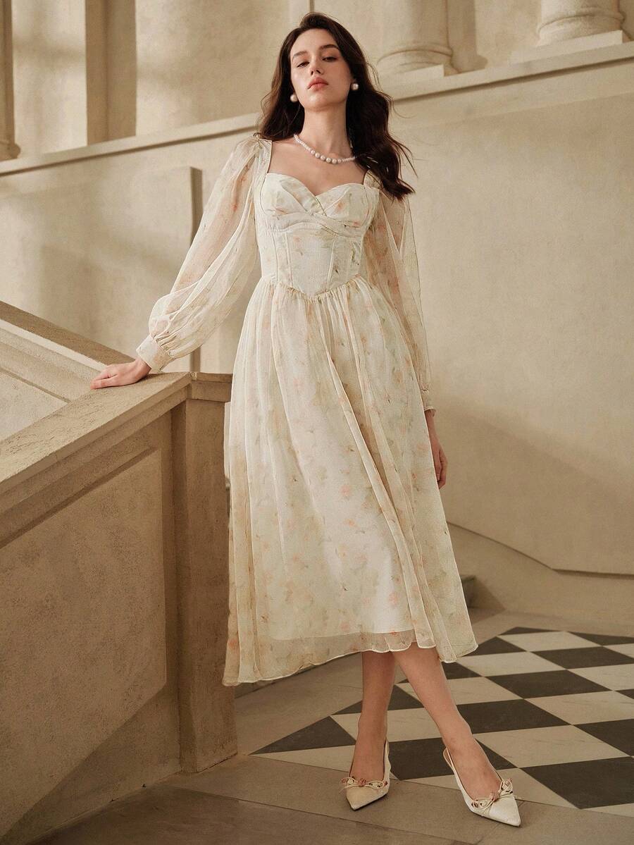 Anewsta Fitted Waist Chiffon Flowy Printed Long Sleeve Dress, Regular Dress For Dates - Light Yellow - View 1