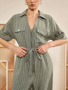 Florisole 女式条纹腰带口袋翻领短袖休闲连体裤