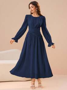 Modelyn Butter Yellow Round Neck Waist Ruched Design Flared Long Sleeve Dress