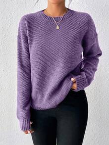 EMERY ROSE Women's Solid Color Round Neck Drop Shoulder Long Sleeve Casual Pullover Sweater, Autumn - Purple - View 5