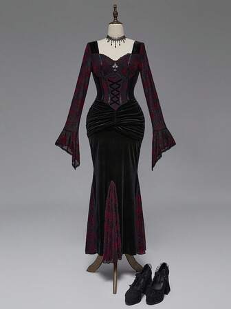 Goth Vestido con mangas acampanadas y estampado de telaraña con cruz gótica para mujeres, Halloween