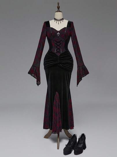 Goth Abito da donna con maniche a sbuffo, pendente a croce gotica e motivo a ragnatela floccato, adatto per Ognissanti