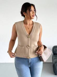 Firerie Plus Size New Arrival Early Spring Korean Style Loose Metal Buckle Luxury Fashion Women Knitted Sweater Vest Sweater Vest For Women Sleeveless Sweater Vest Women Vest Light Brown Sweater Vest Vest With Rose Buttons In Fall/Winter - Khaki - View 8