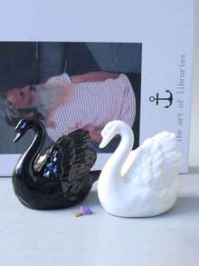 1pc Black & White Ceramic Swan Figurine, Creative Decor For Living Room, Study, Animal Succulent Planter - Multicolor - View 3