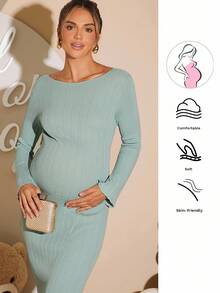 Loomaby Elegant Solid Color Slim Fit Maxi Knit Dress For Pregnant Women,Gender Reveal Dress,Maternity Dress,Baby Shower Dress