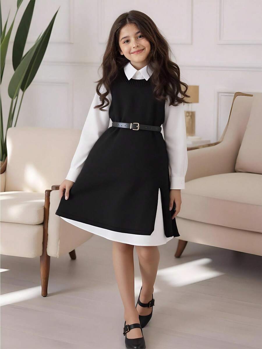 SHEIN 1 件女童简约休闲优雅无袖开衩设计常规厚度圆领百搭黑色针织长款毛衣，日常休闲装，春秋季 - 黑色 - 查看 1