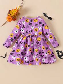 SHEIN Playful Pals Baby Girl Halloween Ghost & Pumpkin Print Cute Casual Comfortable Long Sleeve Holiday Outfit Fall Winter - Multicolor - View 2