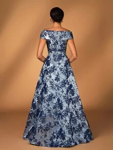 Serin Váy maxi satin jacquard trễ vai sang trọng thanh lịch, phù hợp cho đám cưới, tiệc tùng, kỳ nghỉ, dạ hội, dạ hội, mẹ cô dâu - Màu xanh lam - Xem 3