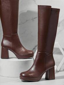 SHUZIA 女式及膝厚底粗跟PU+莱卡休闲靴 - 巧克力棕 - 查看 2