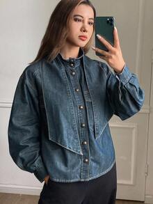 DAZY Chaqueta vaquera casual de manga larga, cuello alto, corte holgado y efecto desgastado para mujer, otoño - Azul - Ver 4
