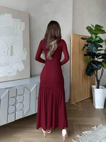 Jemour 女士长袖圆领网眼连衣裙，适合秋季当季服装、返校服装、教师服装 - 酒紅色 - 查看 2