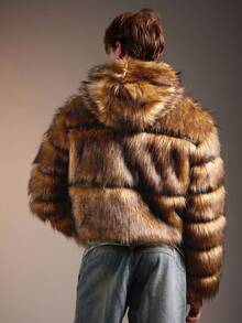 FeverCity 男士蓬松长袖连帽休闲仿皮草大衣，秋冬 - 咖啡棕 - 查看 2