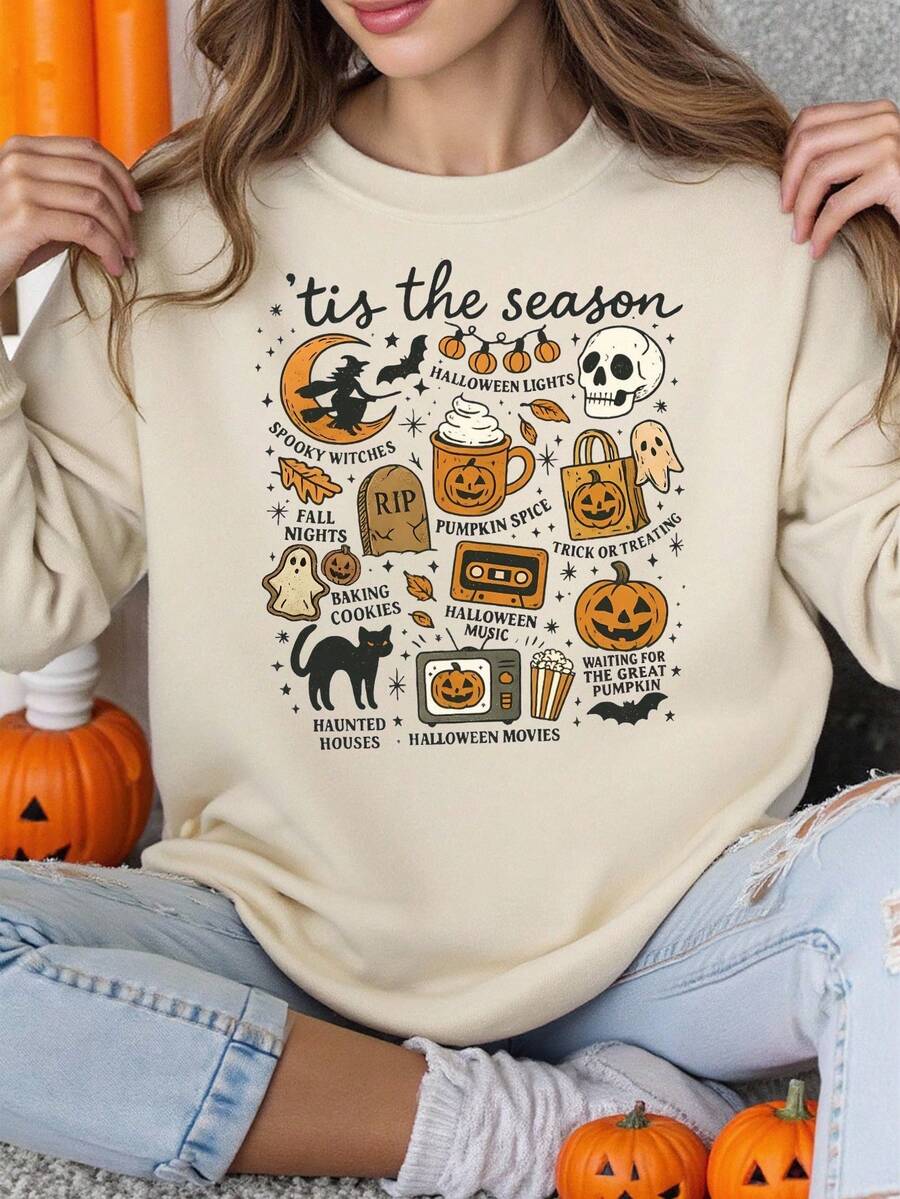 SHEIN Women's Halloween Pumpkin, Cute Ghost, Trick Or Treat, Spooky Little Creature, Scary Season, Casual Minimalist Loose Fit Crew Neck Pullover Sweatshirt For Autumn Fall Cloth For Women Cute Halloween Sweatshirt Halloween Outfit Women Fall Sweatshirt Halloween Sweatshirt Spooky Sweatshirt