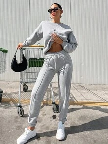 EURMUSE Drawstring Waist Seam Detail Sweatpants - Light Grey - View 5