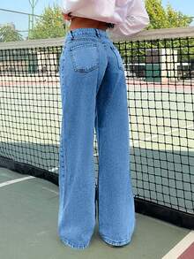 EURMUSE Women's Casual Straight Leg Versatile Low Rise Wide Leg Cut Jeans, Summer - Baby Blue - View 2