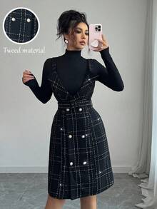 Elenzga 女士优雅通勤格子双排扣吊带迷你连衣裙 - 黑色 - 查看 8