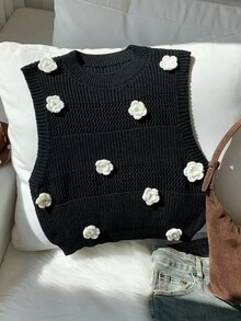 Comfortcana Women's Casual 3D Floral Decor Round Neck Knitted Vest, Autumn