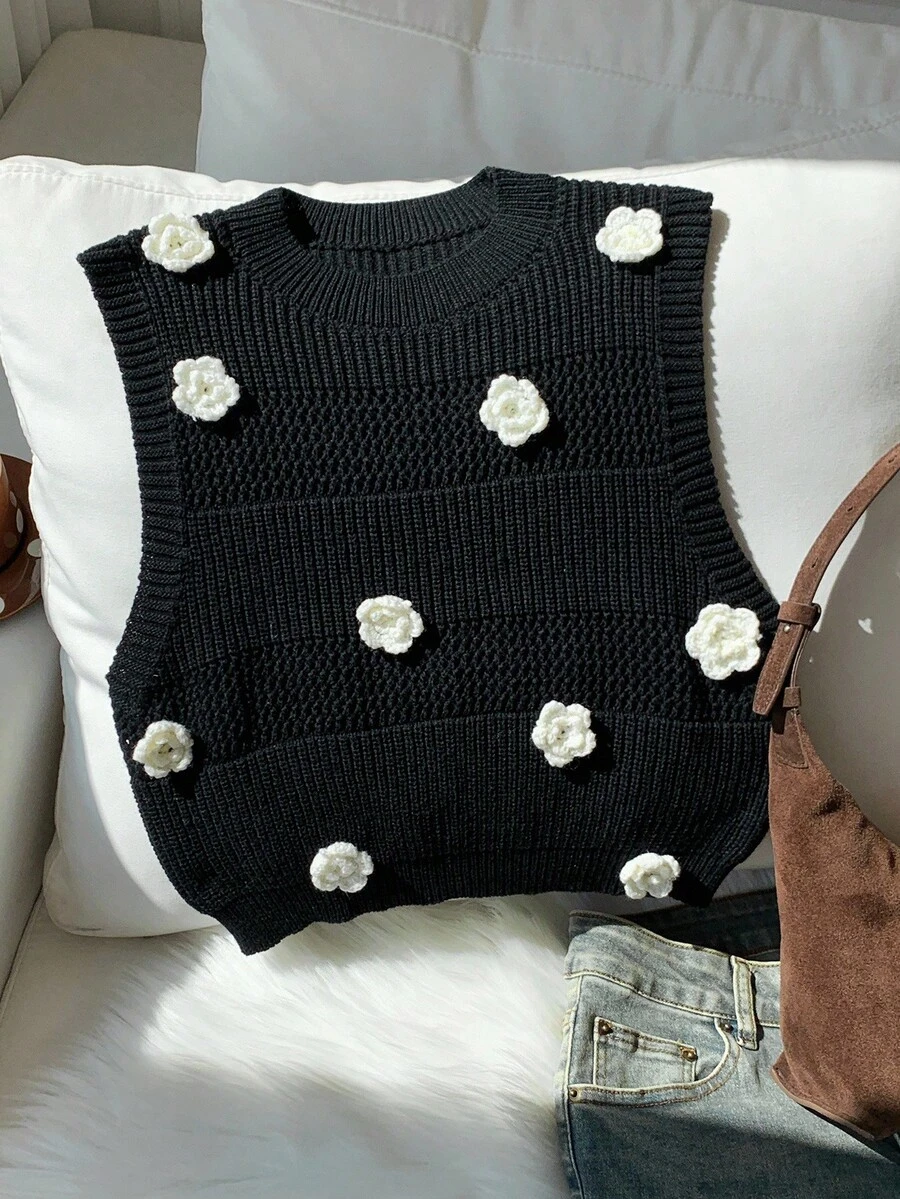 Comfortcana Women's Casual 3D Floral Decor Round Neck Knitted Vest, Autumn