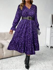 SHEIN Clasi 大码女式秋冬时尚休闲 V 领碎花长款束腰连衣裙，修身廓形长款女装 - 紫色 - 查看 1