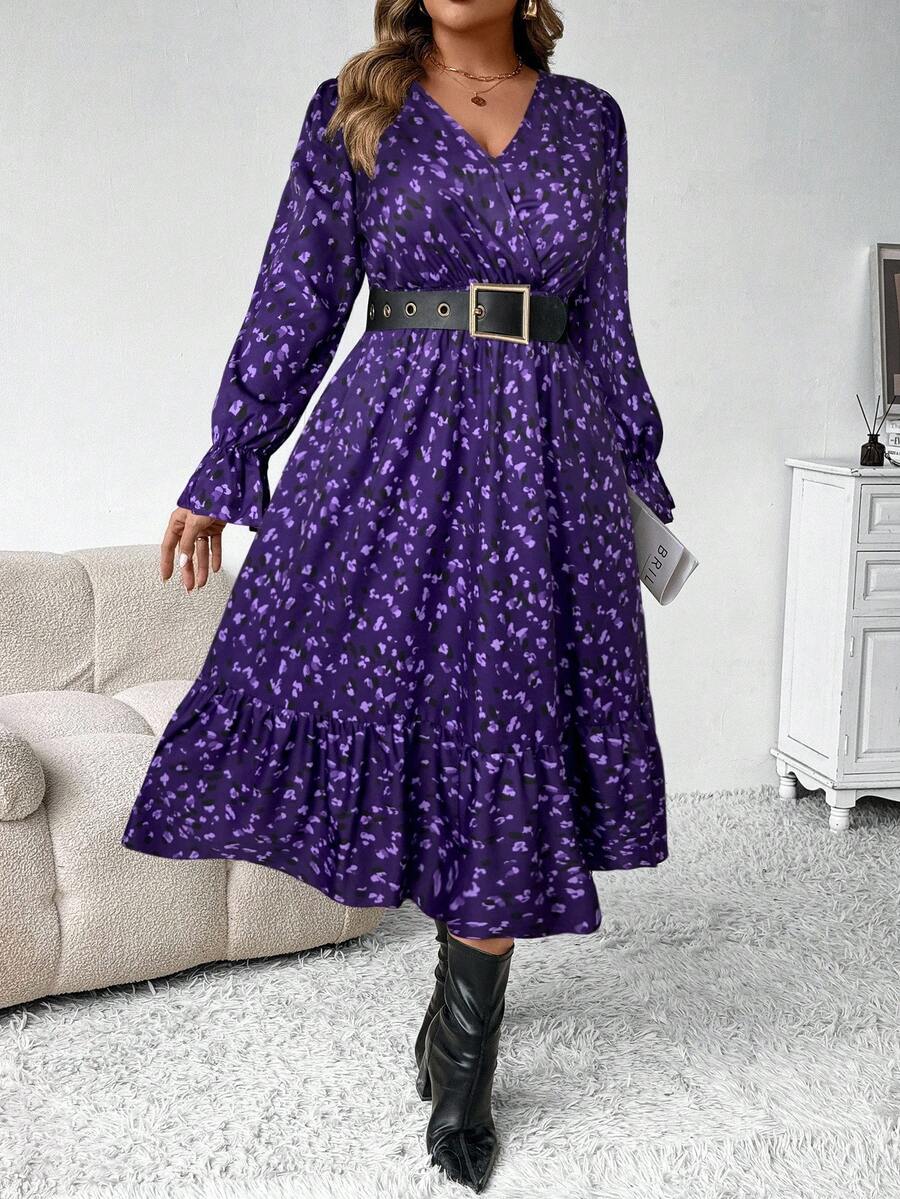 SHEIN Clasi 大码女式秋冬时尚休闲 V 领碎花长款束腰连衣裙，修身廓形长款女装 - 紫色 - 查看 1