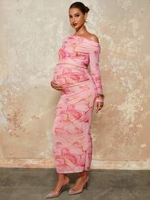 MaterniChic 2 件孕妇套装：极简印花不对称领口长袖上衣和裙子