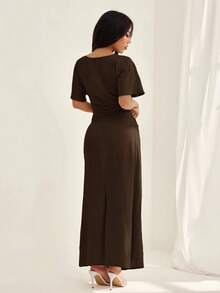 SHEIN PETITE 女式夏季纯色亚麻混纺休闲优雅连衣裙， - 棕色 - 查看 2