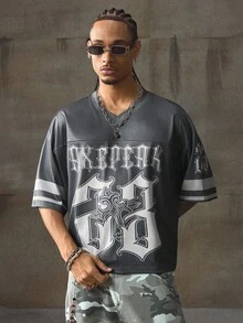 AXEPEAK 休闲街头潮流网眼面料男式针织短款 T 恤，2000 年代风格 - 灰色 - 查看 5