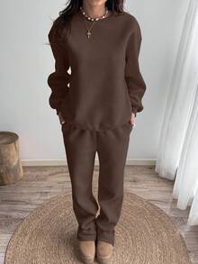 SHEIN Unity 女士纯色圆领宽松落肩休闲运动服 - 棕色 - 查看 4