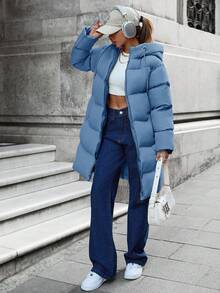 EURMUSE Zip Up Long Padded Coat With Hoodie Keeping Warm