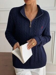 DAZY Áo len dệt kim dáng rộng thêu hình kỳ lân thời trang thu đông cho nữ, có khóa kéo nửa - Màu xanh hải quân - Xem 7