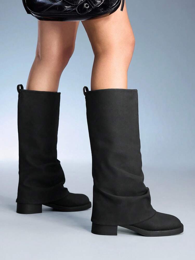CUCCOO GRLICON Women's Thick Sole Square Toe Fashion High Boots, Velvet Material With Rivet Decor, Suitable For Halloween, Christmas, New Year, Date Night, Shark Boots, Black, Autumn