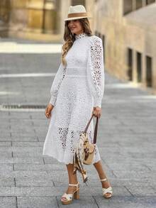 SHEIN Clasi Vestido de encaje elegante y romántico con mangas abullonadas hasta la pantorrilla, vestido de San Valentín, ropa de otoño para mujeres, vestidos de otoño para mujeres, ropa de otoño para mujeres, vestidos de otoño para mujeres, vestido de invitada de boda elegante, vestidos elegantes para mujeres, vestido de invitada de boda elegante, ropa de otoño para mujeres, vestidos elegantes para mujeres, vestidos blancos elegantes, atuendos elegantes y clásicos para mujeres, vestidos de otoño para mujeres, vestido de invitada de boda de otoño - Blanco - Ver 6