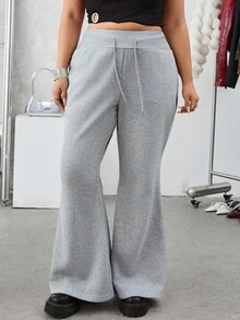 SHEIN EZwear Pantalones acampanados con cintura con cordón y forro térmico grueso, pantalones de chándal acampanados grises de otoño/invierno para tallas grandes - Gris - Ver 3