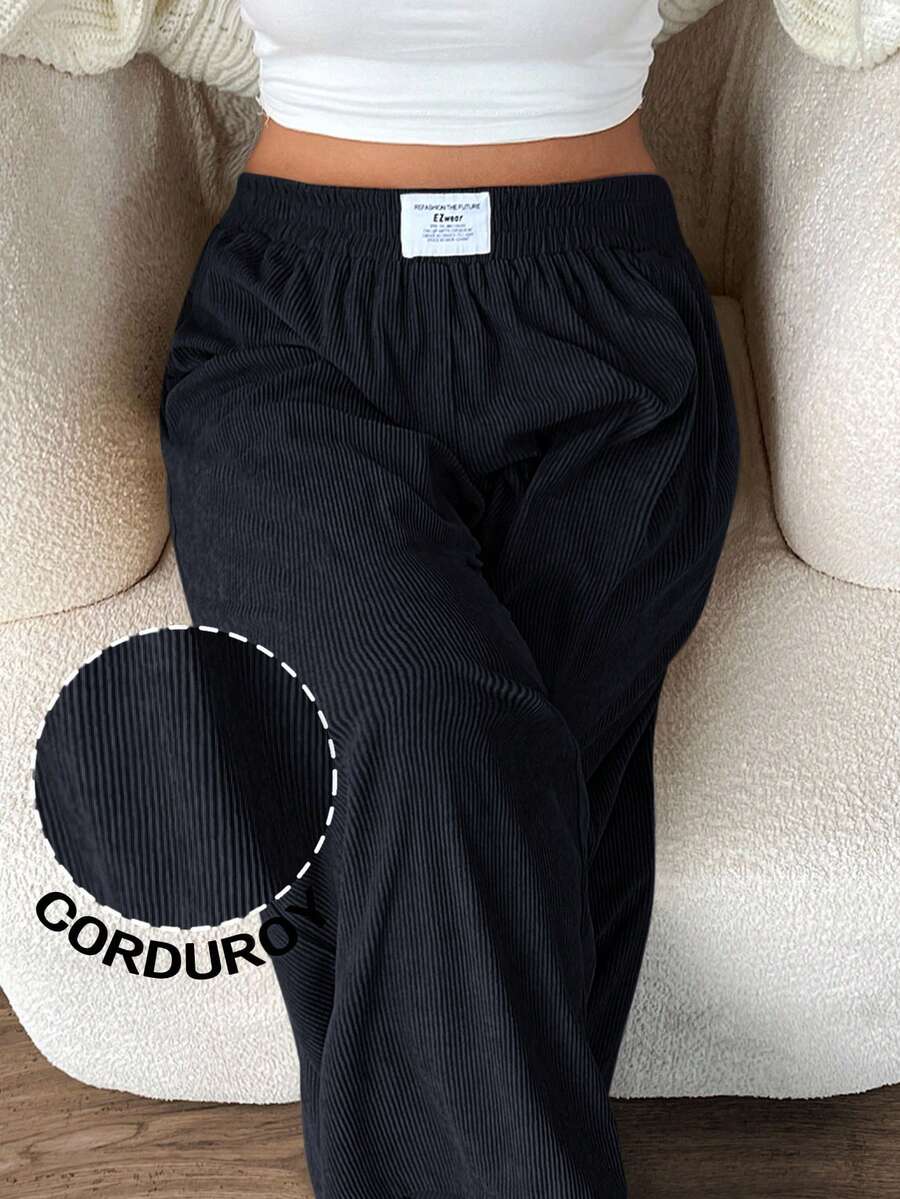 SHEIN EZwear 大码女式高腰宽松阔腿裤，灰色灯芯绒面料，带口袋和贴片设计，适合校园、日常穿着和室内工作，秋冬季 - 深灰色 - 查看 1