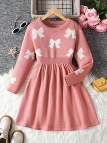 SHEIN Vestido suéter de malha com decoração de laço, casual, minimalista e confortável, gola redonda, manga comprida, outono/inverno