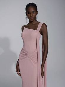 Elitara Elegant Fashionable Lotus Root Pink Knitted Lurex Off-Shoulder Asymmetric Neckline Ruched Waist Mermaid Hem Flare Sleeve Women's Evening Gown, Party Dress,Dress - Dusty Pink - View 3