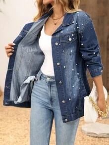 EMERY ROSE Áo khoác denim thường ngày đính ngọc trai cho nữ, trễ vai - Màu xanh lam - Xem 7