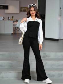 SHEIN مجموعة مكونة من قطعتين مناسبة للمراهقات، ملابس علوية علوي مخطط منسوج باك وسروال أسود ملبس كاجوال أنيق مناسب للربيع والخريف