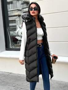 EURMUSE Fuzzy Trim Hooded Puffer Vest Coat - Black - View 5