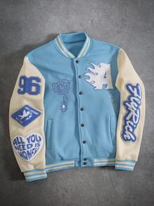 PAVTROS Manfinity Streetrush Men's Patchwork Baseball Jacket, Long Sleeve Bomber Coat, Sky Blue Varsity Jacket, Men's Letterman Jacket, Men's Varsity Jacket, Baby Blue Baseball Jackets Men Women Custom Jacket , Fall Winter