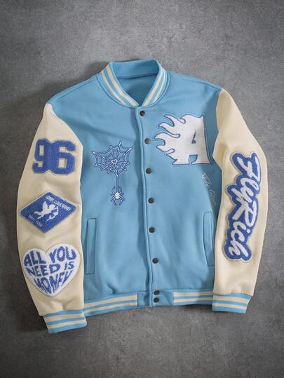 PAVTROS Manfinity Streetrush Men's Patchwork Baseball Jacket, Long Sleeve Bomber Coat, Sky Blue Varsity Jacket, Men's Letterman Jacket, Men's Varsity Jacket, Baby Blue Baseball Jackets Men Women Custom Jacket , Fall Winter