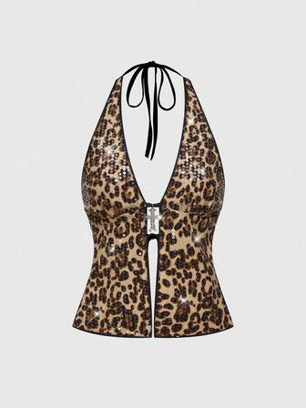 Grunge Punk Top halter sexy con estampado de leopardo y lentejuelas con colgante cruzado, estilo chic punk rock para fiestas de playa de verano, festivales y moda callejera Y2K