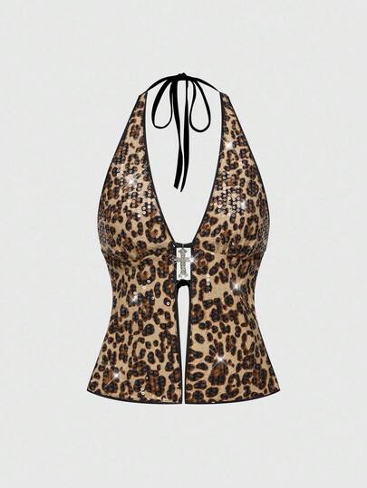 Grunge Punk Punk Rock Chic Sommer Strandparty, Festival, Straßenmode, Y2K Neckholder Sexy Leoparden Muster Pailletten Kreuz Anhänger Frauen Neckholder Top