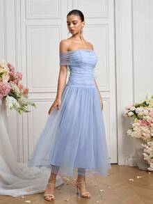 Poshira Vestido formal de verano elegante de mujer con bloqueo de color, decoración floral y volantes de malla