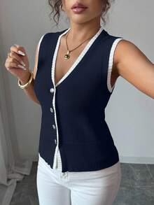 Rafferiza Contrast Color 2 In 1 V-Neck Sleeveless Cardigan Vest Knit Sweater - Navy Blue - View 4
